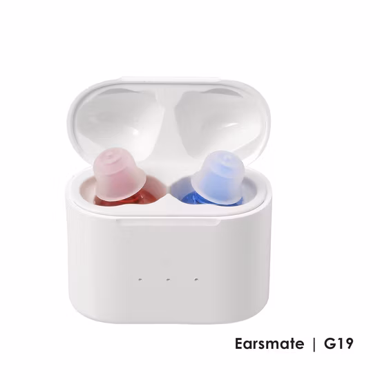 Earsmate Estuche portátil recargable de bolsillo Sin axón programable Cic analógico Invisible Audífono de venta libre Precio barato Dispositivo amplificador de audición de sonido digital Producto